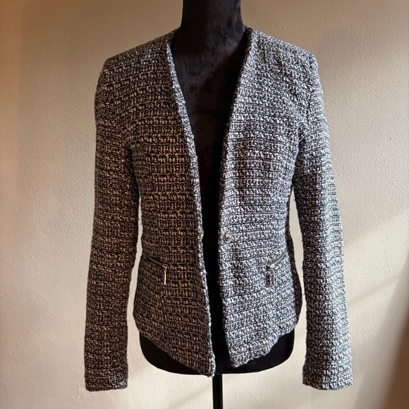 Metaphor Black & White Single-Snap Lined Collarless Tweed Blazer Women’s Size M - Picture 2 of 9
